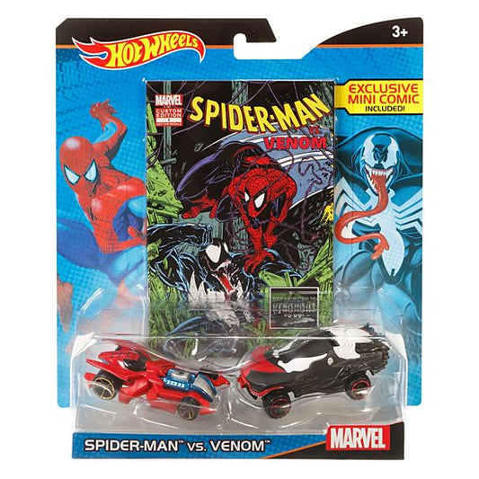 Hot Wheels Marvel Spider-Man vs. Venom Character Car, paquete de 2 con mini cómic