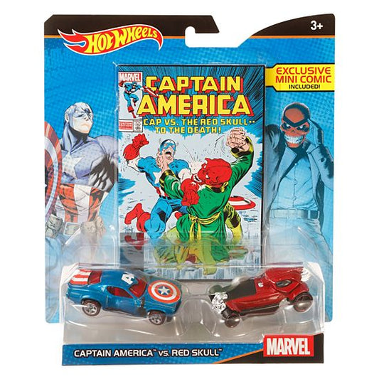 Hot Wheels Marvel Capitán América vs. Red Skull Character Car, paquete de 2 con mini cómic