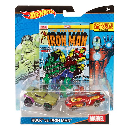 Hot Wheels Marvel Hulk vs. Iron Man Character Car, paquete de 2 con mini cómic